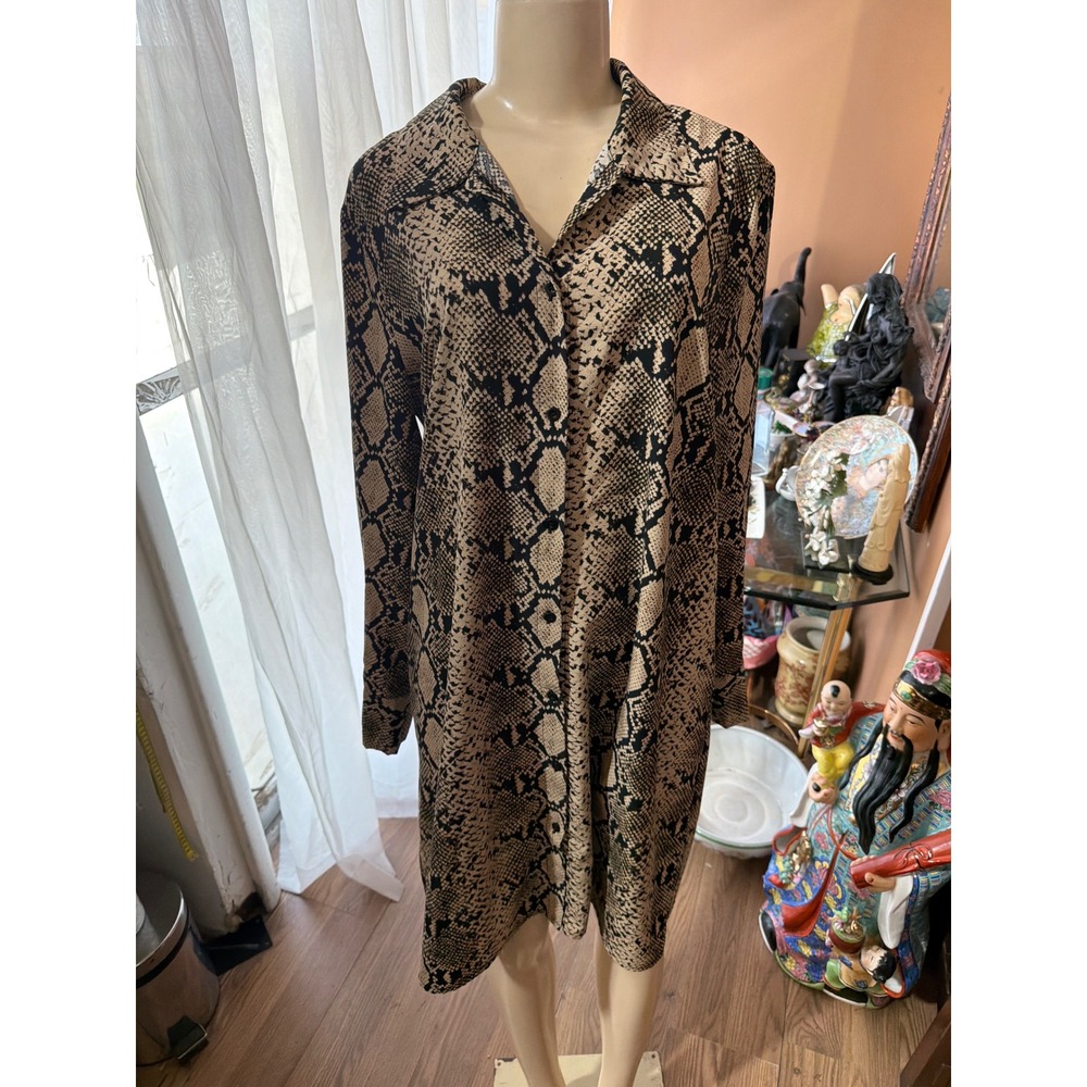 WD-NY Snakeskin Print Shirt Dress Tan Black Long Sleeve Button Down‎ XL